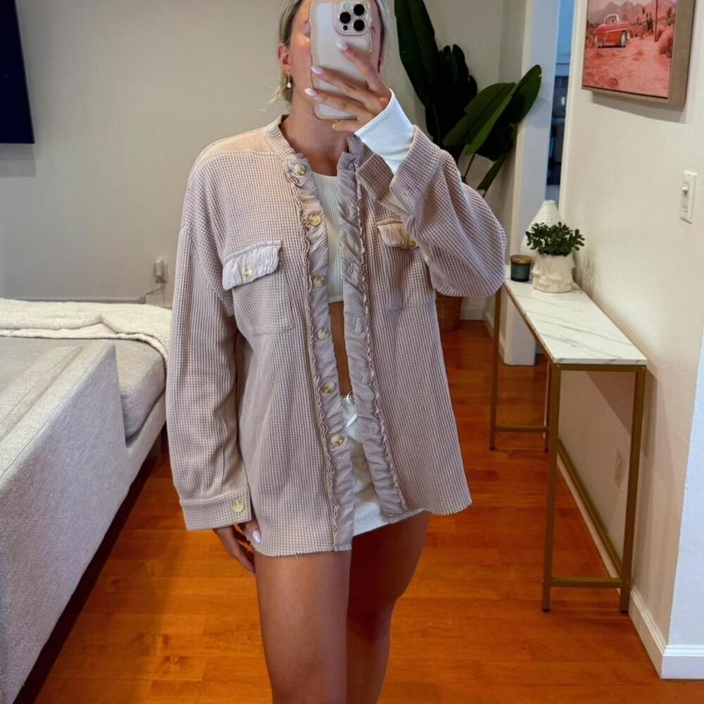 Cream & Tan Waffle-Knit Button Front Top – Size M